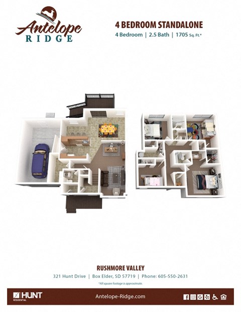 Floor plan for 4 beds, 2.5 baths, 1705 sqft