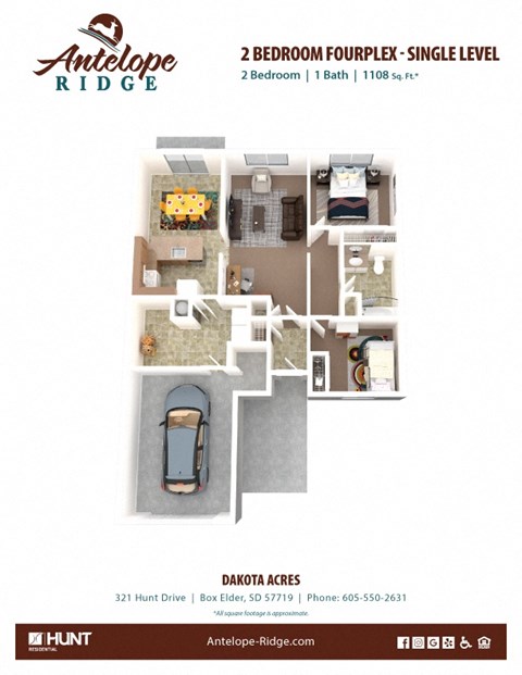 Floor plan for 2 beds, 1 bath, 1108 sqft