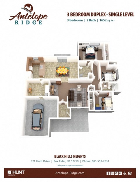 Floor plan for 3 beds, 2 baths, 1652 sqft