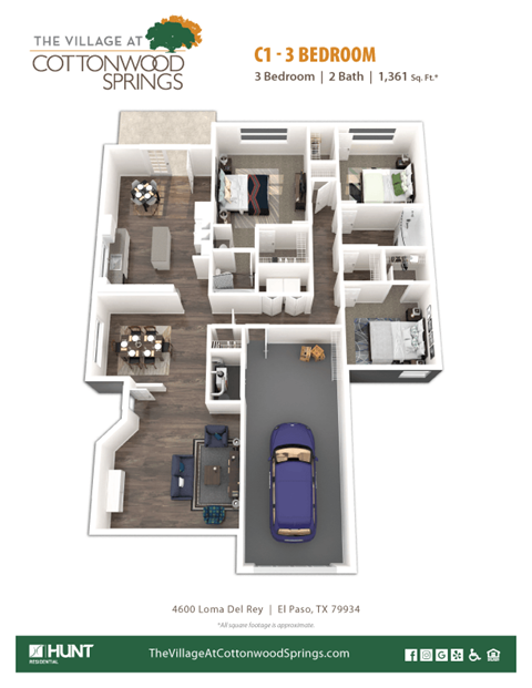 Floor plan for 3 beds, 2 baths, 1361 sqft