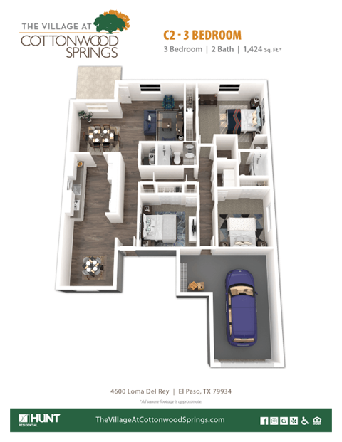 Floor plan for 3 beds, 2 baths, 1424 sqft