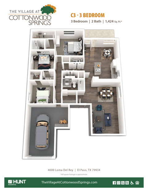 Floor plan for 3 beds, 2 baths, 1424 sqft