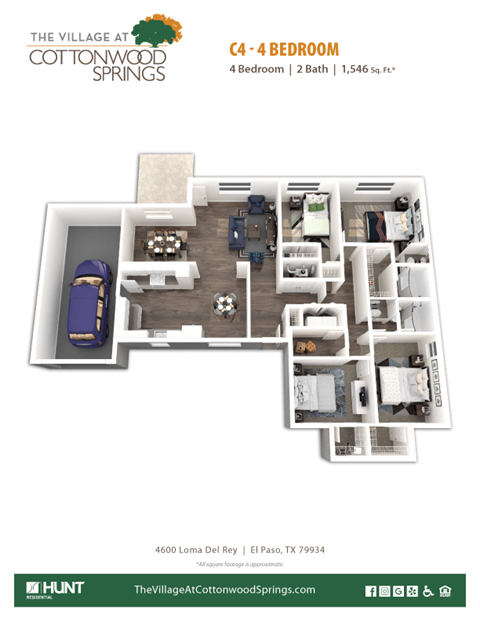 Floor plan for 4 beds, 2 baths, 1546 sqft