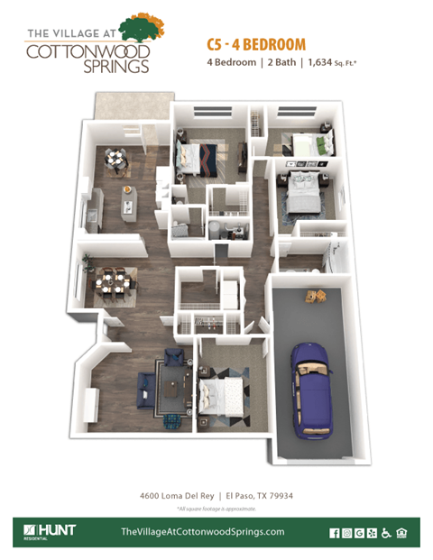Floor plan for 4 beds, 2 baths, 1634 sqft