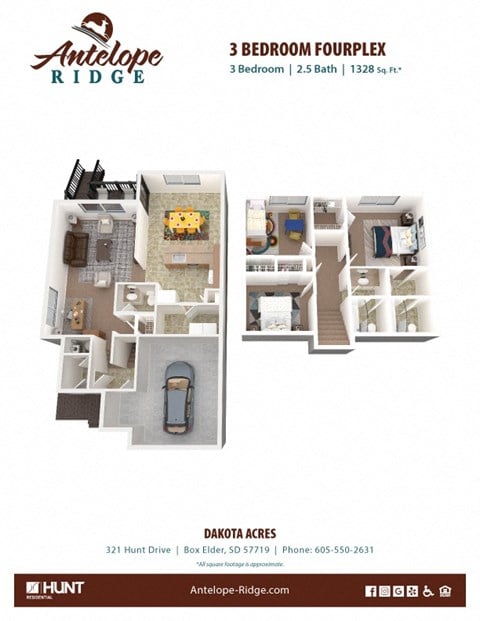 Floor plan for 3 beds, 2.5 baths, 1328 sqft