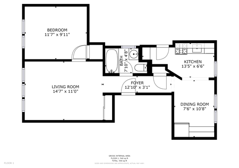 Floor plan for 1 bed, 1 bath, 650 sqft