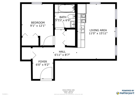 Floor plan for 1 bed, 1 bath, 600 sqft