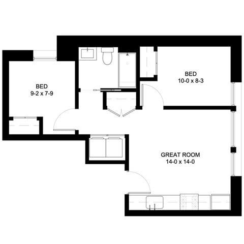 Floor plan for 2 beds, 1 bath, 641 sqft