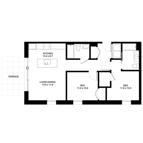 Floor plan for 2 beds, 2 baths, 917 sqft
