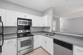 Lafayette apartment for rent - A modern kitchen with white cabinets and stainless steel appliances.