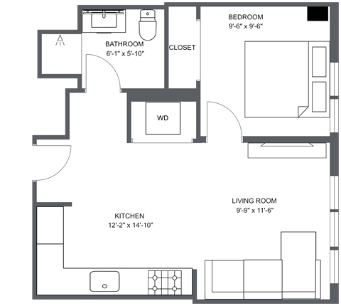 Floor plan for 1 bed, 1 bath, 575 sqft