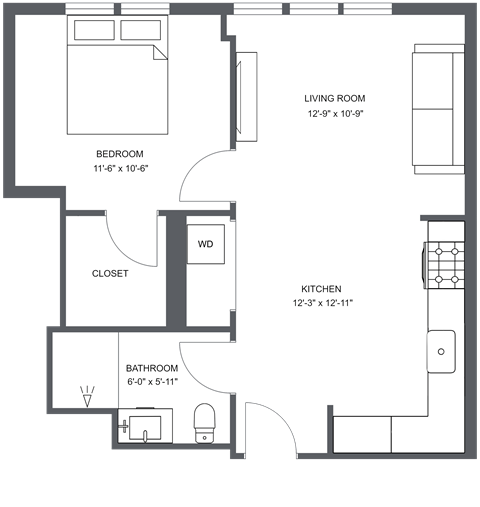 Floor plan for 1 bed, 1 bath, 581 sqft