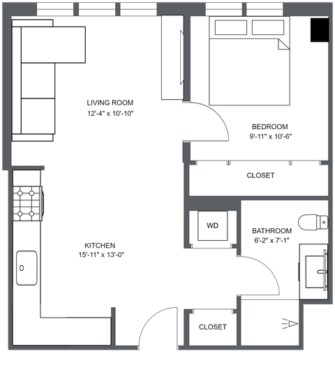 Floor plan for 1 bed, 1 bath, 584 sqft
