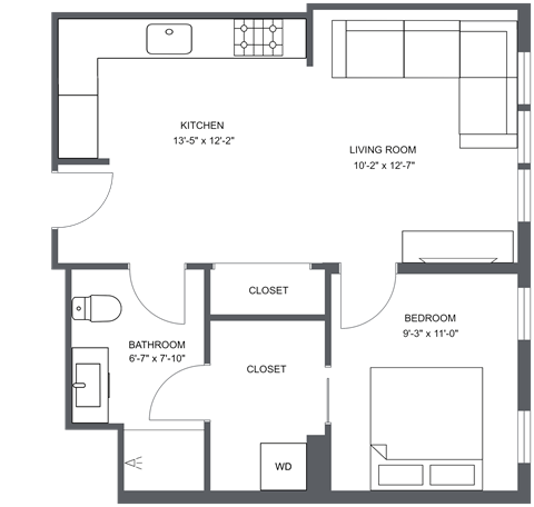 Floor plan for 1 bed, 1 bath, 585 sqft