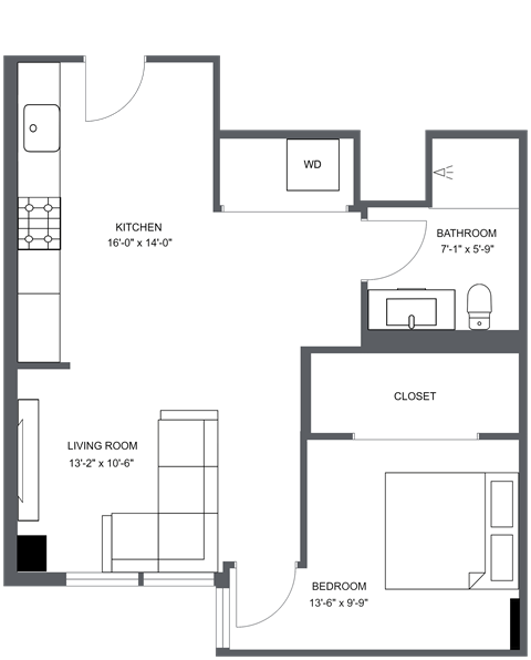 Floor plan for 1 bed, 1 bath, 598 sqft