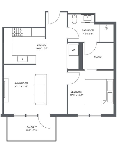 Floor plan for 1 bed, 1 bath, 604 sqft