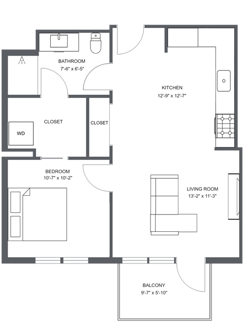 Floor plan for 1 bed, 1 bath, 605 sqft