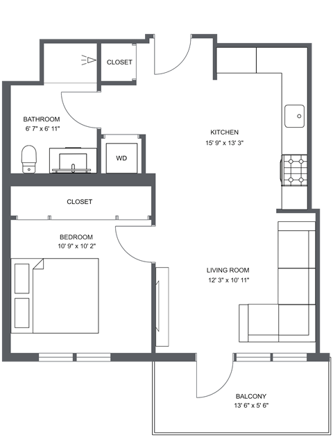 Floor plan for 1 bed, 1 bath, 617 sqft