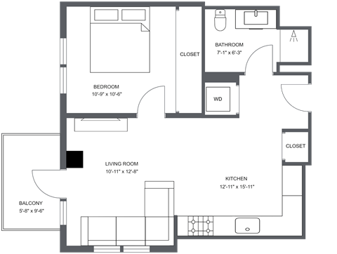 Floor plan for 1 bed, 1 bath, 626 sqft