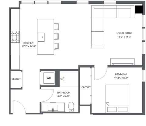 Floor plan for 1 bed, 1 bath, 737 sqft