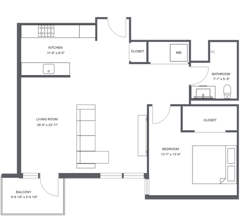 Floor plan for 1 bed, 1 bath, 836 sqft