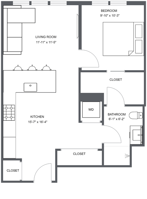 Floor plan for 1 bed, 1 bath, 619 sqft