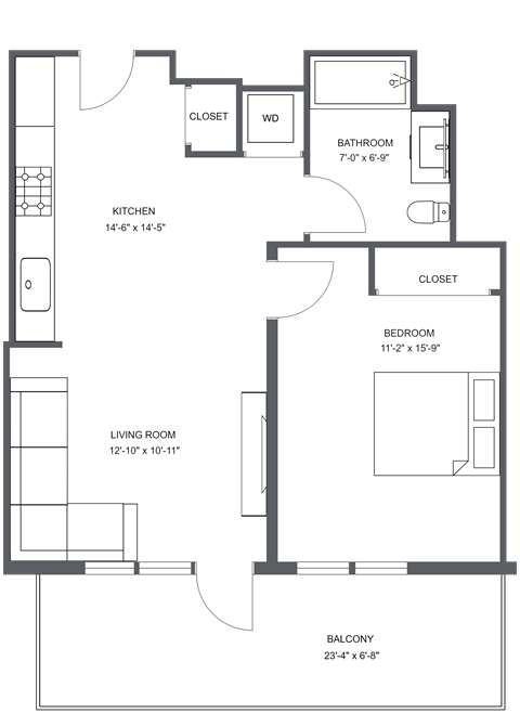 Floor plan for 1 bed, 1 bath, 630 sqft