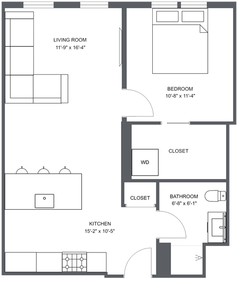 Floor plan for 1 bed, 1 bath, 644 sqft