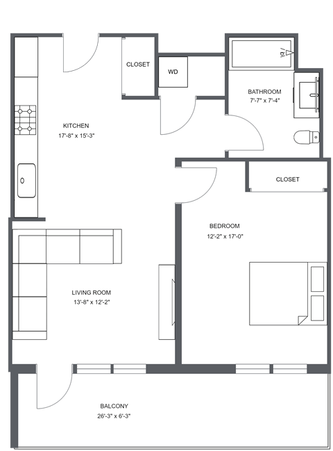 Floor plan for 1 bed, 1 bath, 664 sqft