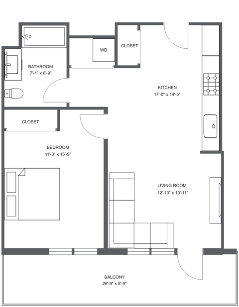 Floor plan for 1 bed, 1 bath, 669 sqft