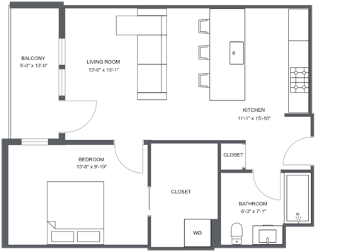 Floor plan for 1 bed, 1 bath, 675 sqft