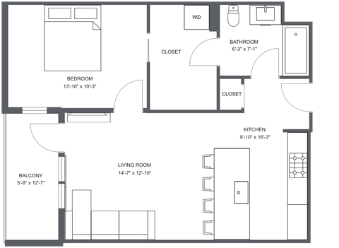 Floor plan for 1 bed, 1 bath, 676 sqft