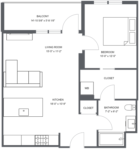 Floor plan for 1 bed, 1 bath, 689 sqft