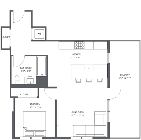 Floor plan for 1 bed, 1 bath, 707 sqft