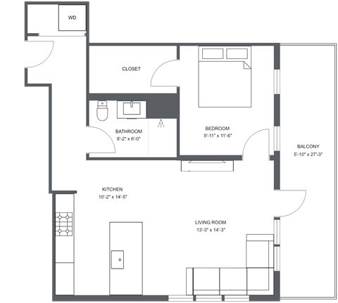 Floor plan for 1 bed, 1 bath, 713 sqft