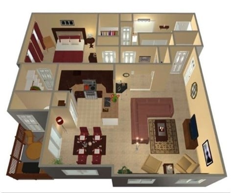 Floor plan for 1 bed, 1 bath, 965 sqft