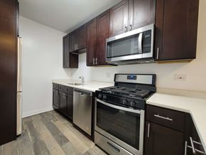 Chicago apartment for rent - a kitchen with stainless steel appliances and wooden cabinets