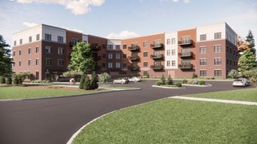 Naperville apartment for rent - A rendering of a modern apartment complex with a curved driveway in front.