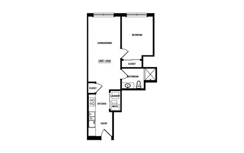 Floor plan for 1 bed, 1 bath, 523 sqft