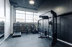 Chicago apartment for rent - A gym with a variety of equipment including a treadmill, weights, and a squat rack.