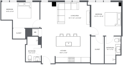 Floor plan for 2 beds, 2 baths, 1033 sqft