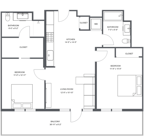 Floor plan for 2 beds, 2 baths, 943 sqft