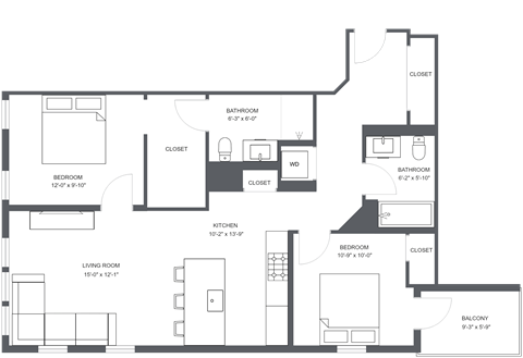 Floor plan for 2 beds, 2 baths, 953 sqft