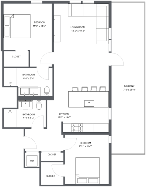 Floor plan for 2 beds, 2 baths, 959 sqft
