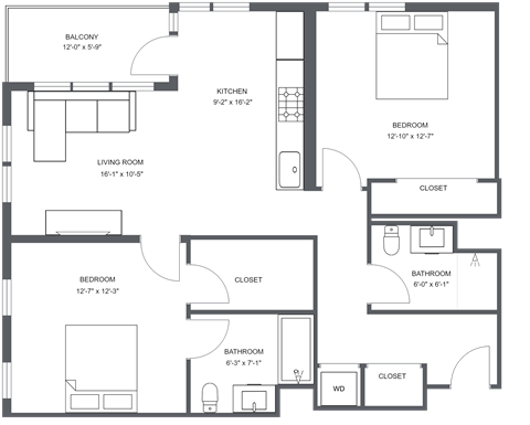 Floor plan for 2 beds, 2 baths, 996 sqft