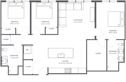 Floor plan for 3 beds, 2 baths, 1262 sqft