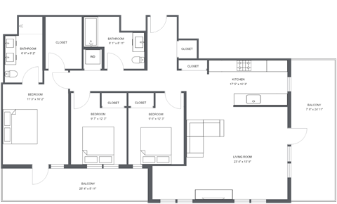 Floor plan for 3 beds, 2 baths, 1338 sqft