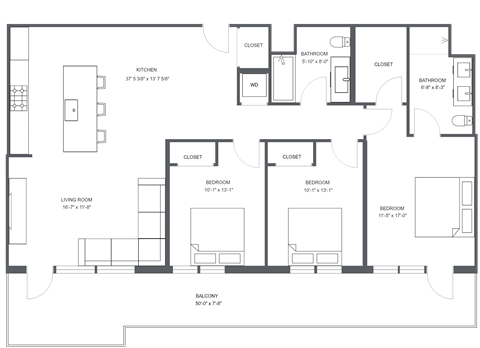 Floor plan for 3 beds, 2 baths, 1344 sqft