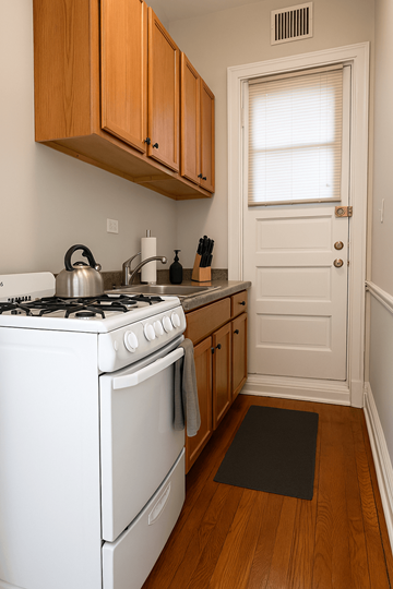 Chicago apartment for rent - A white stove and oven in a kitchen with wooden cabinets.