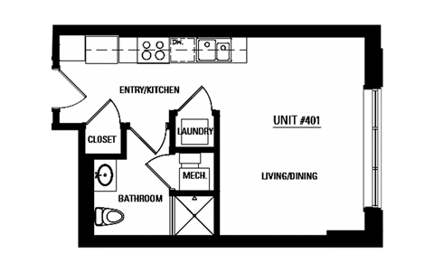 Floor plan for studio, 1 bath, 275 sqft